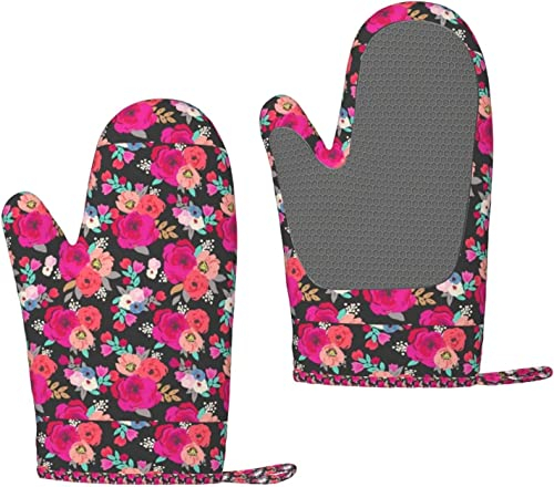 Ofenhandschuhe Sweet PEA Floral Schwarz Silikon Ofenhandschuhe Anti-Rutsch-Kochhandschuhe, hitzebeständige Backhandschuhe EIN Paar