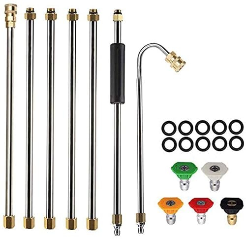 Gutter Cleaning Tool Hight Pressure Washer Extension Spray Attachment, 4000 PSI Roof Cleaner Lance Nozzle with 5 Pcs Nozzle Tips, 1/4‘ Quick Connect, Rubber Ring