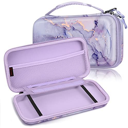 Fintie Tasche für Nintendo Switch 2017/Switch OLED Modell 2021 - Tragetasche Aufbewahrungstasche Hülle Case mit 10 Spielkartenhaltern und Haltegurt für Nintendo Switch Konsole und Zubehör, Lila Marmor