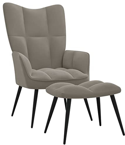 vidaXL Relaxsessel mit Hocker, Sessel mit Stahlgestell, Relaxstuhl Polsterstuhl mit Armlehne, Fernsehsessel Polstersessel Wohnzimmer, Modern, Hellgrau Samt