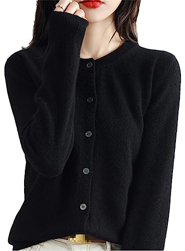 Bollrllr Women's Cashmere Cardigan Round Neck Sweater Spring Autumn Winter Long Sleeve Knitted Solid Color Soft Cardigan Sweater Black L