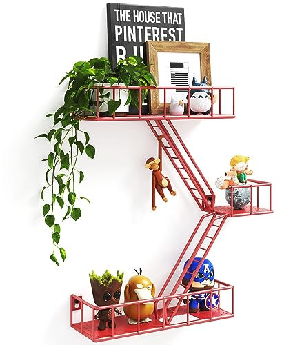 Fire Escape Wall Shelf with Baskets, 3-Tier Metal Fire Escape Ladder Shelf Wall Organizer, New York Inspired Decorative Shelf, Red Floating Action Figurine Display Shelves for Bedroom, Home Décor.