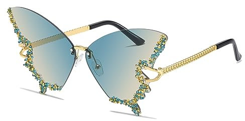 YAMEIZE Schmetterling Sonnenbrille Randlose Vintage Brillen-Lustige Diamond Strass Disco Brille für Herren Damen Getönte Rave Brille Festival Sonnenbrille