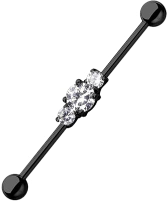 Taffstyle Piercing Hantel Universal Barbell Industrial Chirurgenstahl Ohr Cartilage Helix Tragus Intim Brust Nippel Stab 3 Kristalle Schwarz 1,2mm