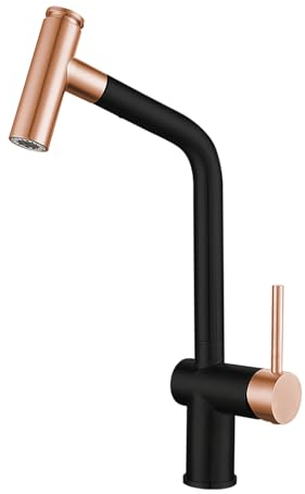 Kitchen Taps with Pull Out Spray, Stainless Steel 360° Swivel Spout, Single Handle 2 Modes Pull Out Kitchen Mixer Tap-Black+Rose Gold