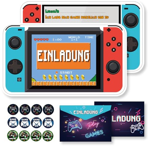 Byhsoep 12x Einladungskarten Kindergeburtstag Gamer Jungen mit 12 Umschlag,12 Runder Aufkleber,Gaming Spiel Deutsch Einladungskarten für Einladungen zum Kindergeburtstag