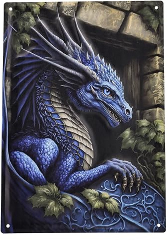Blechschild Drache blau Dornen - Fantasy Wand Deko Schild Metallschild Gothic Blech Metall