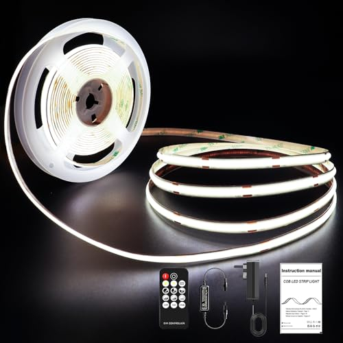 ROUKLE 8mm Ruban LED COB - 5M Bande Lumineuse Dimmable 24V Super Lumineuse CRI90+ avec Télécommande RF | 2400 LEDs | Blanc Froid 6000K | Parfait pour Éclairage Commercial & Bureau