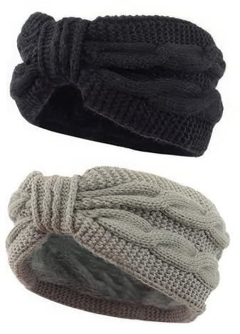 2 Pcs Winter Knit Thermal Headbands, Womens Winter Ear Warmer Headband, Women's Hair Wide Knitted Ear, Women Knit Headbands, for Running, Hopping (Black+Grey)