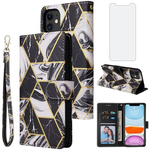 Asuwish Handyhülle für iPhone 11 Hülle mit Folie Schutzfolie und Kartenfach Klappbar Leder Geldbörse Ständer Panzerfolie Cover i Phone11Hülle 11Hülle Handy Hüllen Marmor Schutzhülle Phone Case Schwarz