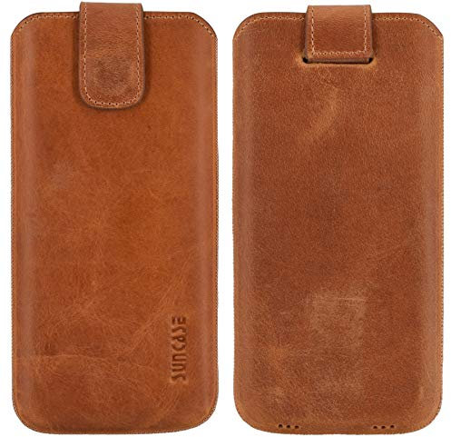 Suncase ECHT Ledertasche Leder Etui *Slim-Edition* kompatibel mit Samsung Galaxy S24 5G Hülle (mit Rückzugsfunktion und Magnetverschluss) in antik-Cognac