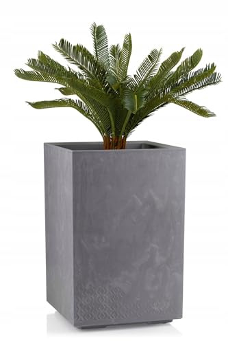 HowHomely Macetero gris 59 x 40 x 40 cm Macetero grande exterior – Jardinera con ruedas con tapón de desagüe – Maceta rectangular con aspecto de hormigón para jardín y terraza