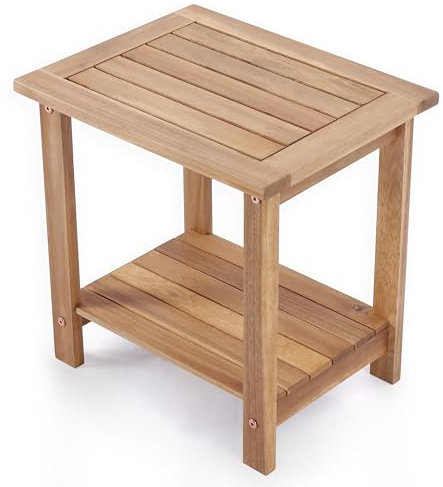 VICTORY RELAX Solid Acacia Wood Side Table with 2-Tier Storage, Weather-Resistant Outdoor Indoor End Table, Natural Rustic Color Night Stand