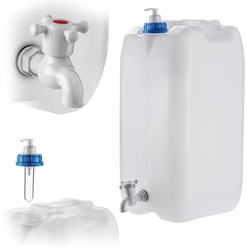 KADAX Bidón de agua con grifo de drenaje, depósito de agua con salida de agua, bidón con grifo integrado y dispensador de jabón, depósito de camping (30 litros)