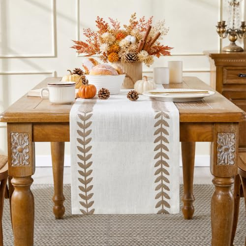Wracra Tischläufer Taupe Leinen, Tischläufer Modern Abwaschbar | 35 × 180 cm, Tischläufer Herbst Boho, Weidenblätter, Outdoor, Lichtbeständig, Knitterfrei, Hitzebeständig, Dick Robust