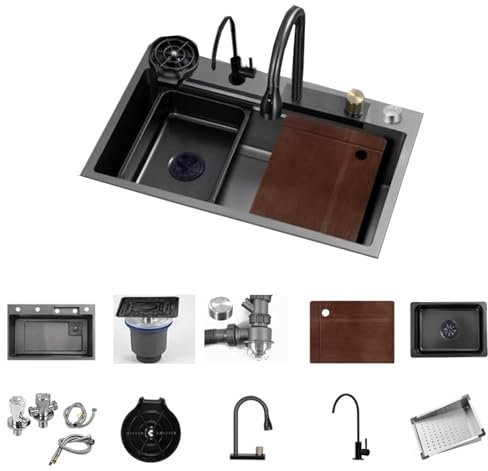 Fregadero de Acero Inoxidable Negro Antis-rasguños, Fregadero sobre Encimera Grande 3 Métodos de Instalación, Caño en Cascada Flying Rain Purificador de Agua(75 * 46cm)