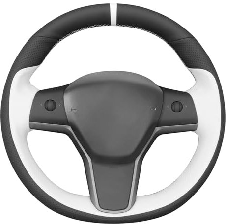 MEWANT Housse de volant cousue à la main en cuir blanc pour Tesla Model 3 2017-2023/Model Y 2020-2023 pour Tesla Model 3/Y Accessoires