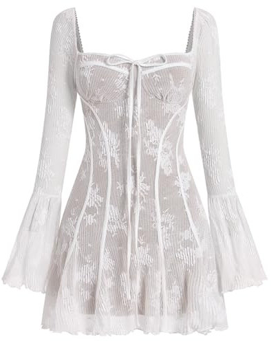 IBAKOM Women's Sexy Mini Corset Dress - Vintage Long Bell Sleeve, Floral Lace, Ruffle A Line Flowy Party Dress - White M