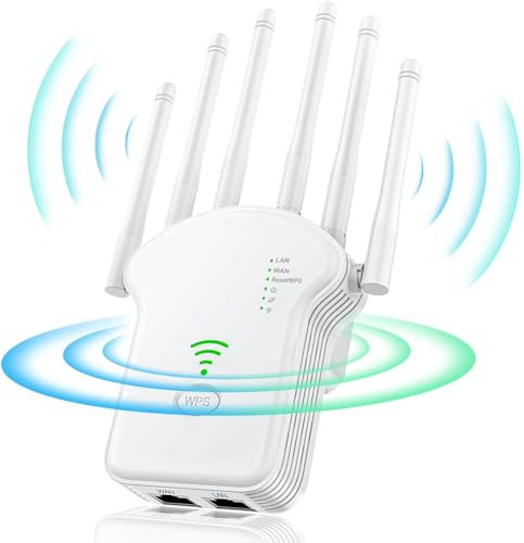 Repetidor WiFi,Amplificador señal WiFi Potente,6 Antenas,2 Puertos LAN,Cobertura Total de 360°,Modo repetidor/Router/Ap, Compatible con Todas Las Cajas de Internet,Fácil configuración (Blanco)