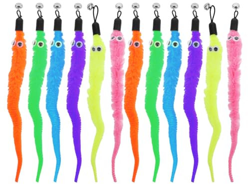 12 Stück Katzenwurmspielzeug Nachfüllungen Katze Wand Spielzeug Ersatz Nachfüllung Interaktiv Haustierspielzeug mit Glocken Pelziger Schwanz Wurm Regenbogen-Katzenwurm-Spielzeug