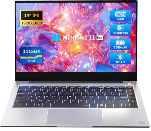 Monovate 14.1 Ordenador Portátil, PC Portátil Core i3-1115G4 CPU(up to 4.1GHz), Portátil con 16GB DDR4 RAM 512GB SSD, 1920 * 1080P Pantalla, 7000mAh Battery, Type-C/Mini-HDMI/USB3.0, UHD Graphics