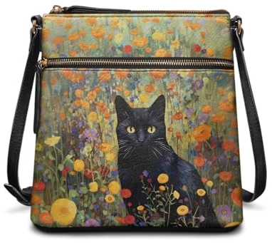 HUGS IDEA Umhängetasche für Damen, Leder, Handtasche, große Hobo-Tasche, Handytasche, Schwarze Katze mit Blumenmuster, 430.17 cubic inches