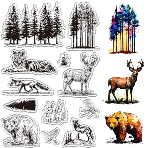 craspire Klare Stempel Mit Wildtieren Tiger Hirsch Kaninchen Wolf Vogel Bär Wald Bäume Wildtiere Retro Wiederverwendbar Transparentes PVC Silikon Stempelsiegel Für Heimwerker Basteln Scrapbooking