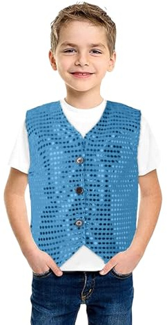 Kinder Jungen Madchen Pailletten Weste Glänzend Anzugweste V-Ausschnitt Oberteile mit Knöpfe Glitzer Jacke Hochzeit Silvester Blazer Fasching Karneval Festlich Party Kostüm Outfit für 1-14 Jahre Alt