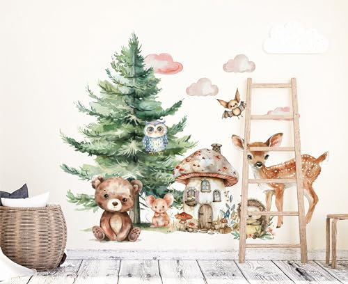 wolga-kreativ Wandtattoo Kinderzimmer - Wandsticker Wald Tiere Bär REH Deko Kinderzimmer - Wandaufkleber Mädchen Junge Babyzimmer Wandsticker Mädchen Junge