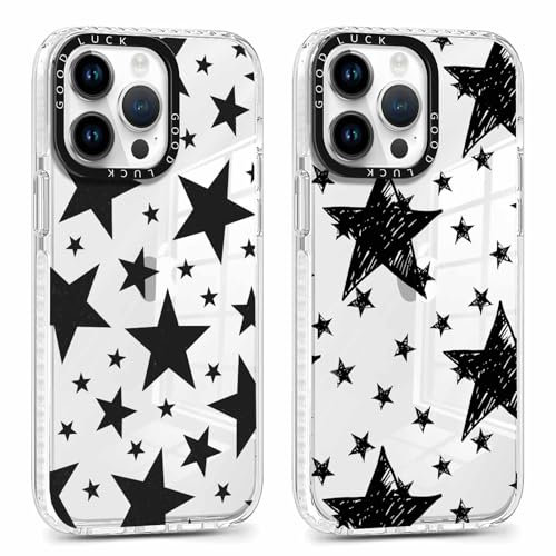 RUMDEY 2 Pack Cute Cool Black Star Phone Case for iPhone 14 Pro 6.1, Clear Aesthetic Coquette Y2K Pattern Print Design Women Girls Case Soft Slim Shockproof TPU Protective Funda Cover