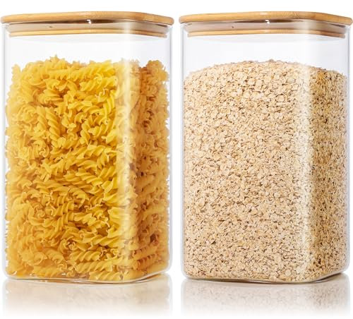 Extra Large Square Glass Flour & Sugar Storage Containers with Airtight Lids, 168oz 2 Pack Glass Jars with Bamboo Lids, Air tight Pantry Food Storage Containers for Cereal, Pasta, Rice Organizers