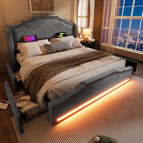 Dolamaní Doppelbett 140x200 cm mit 4 Schubladen Stauraum, Polsterbett mit LED-Beleuchtung und LED Licht Samt, Vintage-Bett mit Kopfteil in Nietenoptik, Grau