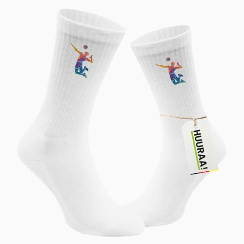 Huuraa Unisex Socken Volleyballer bunte Silhouette Geschenk Größe 37/41 White Motiv Tennissocken Volleyballer Geschenkidee
