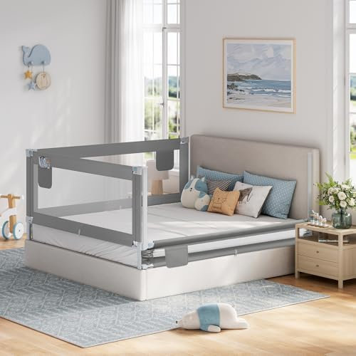 WOLTU Bettschutzgitter, Bettgitter Rausfallschutz 200 cm x 2 und 180 cm x 1, einziehbare Kinderbettgitter mit luftigem Netz, höhenverstellbar für Boxspringbett 69–87 cm, Dunkelgrau