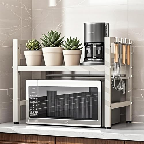 Shakub Mikrowellen Regal, 2-stufiges Küchen Mikrowellenständer, 40-64 cm Erweiterbarer Ausziehbarer Küchenregal für Arbeitsplatte, Küchen-Aufbewahrung Organizer mit 6 Haken, Weiß