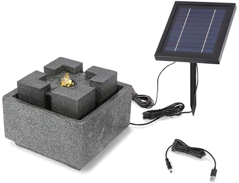 esotec Solar Quellstein Gartenbrunnen Wasserspiel Modern Akku LED 101371 | Solar Quellstein, 3Wp Modul, Li-Ion Akku, USB-Ladung, Timer, LED warmweiß, Dämmerungssensor, Polyresin, H17cm, Designbrunnen
