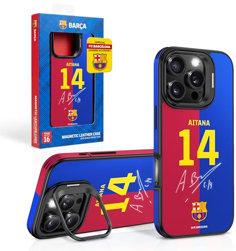 OCPC iPhone 16 Pro Max Hülle – FC Barcelona Aitana-14 Edition – Offiziell Lizenziertes Leder Case, Ständer & Kameraschutz – Premium Schutzhülle Stoßfest