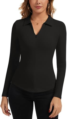 LEYSHE Thermo Poloshirt Damen Langarm V-Ausschnitt mit 1/4 Reißverschluss Polo Pullover Warmes Business Bluse Thermo Oberteil
