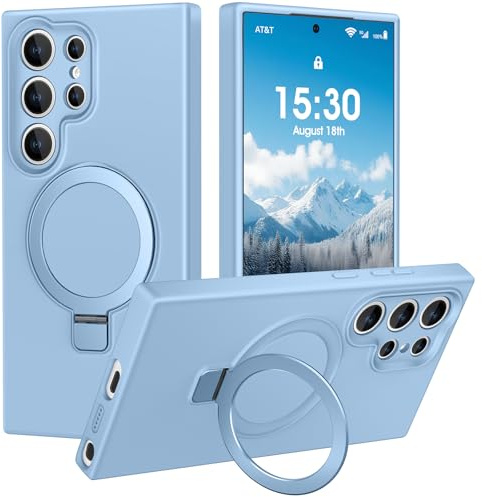 PuyaTeya Hülle für Samsung S24 Ultra mit Magnet Ring Ständer, Azurblau | Militärschutz Stoßfest Kratzfeste, Vollständiger Kameraschutz, Mikrofaser-Innenfutter Silikon Handyhülle