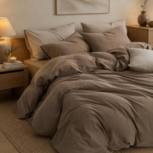 Sedefen Bettwäsche 220x240 cm Baumwolle Braun,Oeko-TEX zertifizierte | Baumwollbettwäsche,Renforce Bettwäsche,Leinenoptik Bettwäsche für Allergiker,Bettbezug mit Reißverschluss 2 Kissenbezug 80x80