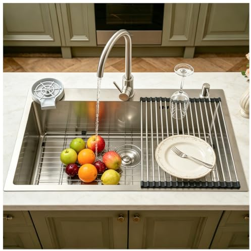 HZKSINNK Lavello da incasso in acciaio inox 304, 1 vasca, lavello da cucina spazzolato, grande bacino, 70 x 50 cm di profondità, fatto a mano, lavello multifunzione, con sifone, scarico