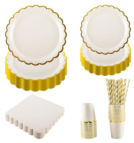125PCS Beige Party Tableware Set - Beige & Foil Gold Scalloped Paper Plates, Cups, Napkins, Straws for 25 Guests, Party Supplies for Birthday, Picnic, Wedding, Baby Shower