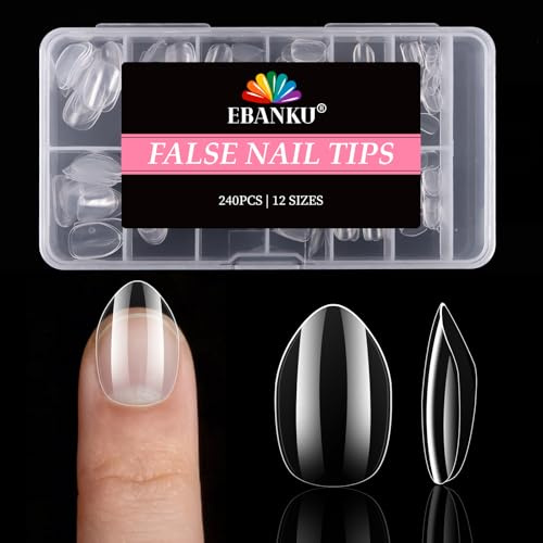 EBANKU Kids Fake Nails, 240PCS Short Almond Clear Nail Tips Glue on Nails