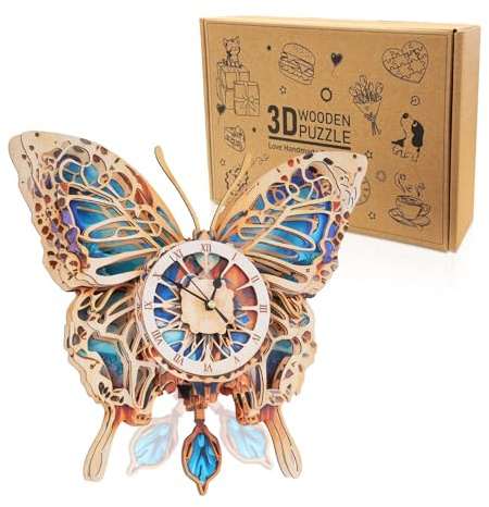 Cutywood Holzpuzzle Uhr, 3D Holzpuzzle Erwachsene, Schmetterling Uhr | 3D Holzpuzzle/3D Wooden Puzzle/Funktionale Uhr/31.6 cm*30.3 cm/Schreibtisch/Wand Wohndeko/Geschenke für Freunde/Familien