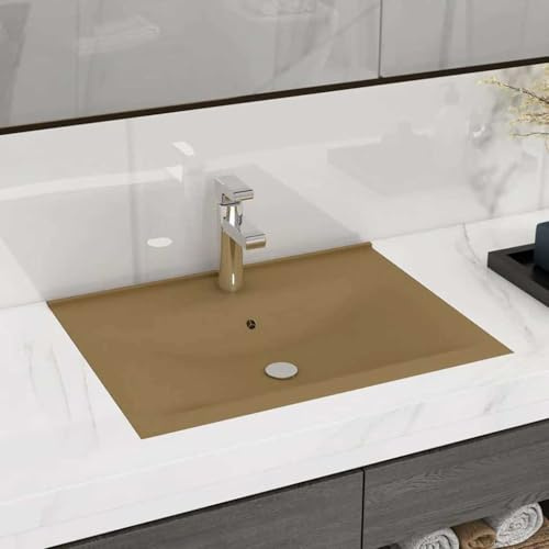 Lavabo de luxe crème mat 60 x 46 cm, en céramique, avec trou pour robinet, design moderne pour salle de bain, buanderie, salle à poudre