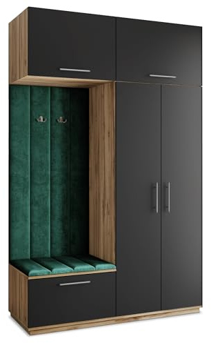 Masseno Flugarderoben Set Rema, Kleiderschrank-Set mit Sitzbank, Garderobenschrank Flur mit 5 Regalböden, Eiche Wotan/Schwarz