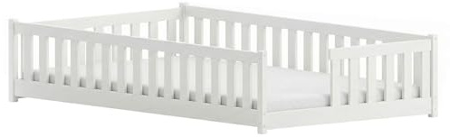 LANO meble Montessori Bett 120x200 Weiß Kinderbett Kiefer Bodenbett Naturholz mit Sicherheitsbarriere Rausfallschutz für Jungen & Mädchen