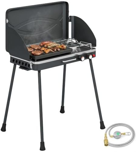 Outsunny Barbecue à gaz et réchaud de camping 2 en 1 avec 2 brûleurs 7 kW, grill à gaz GPL de table portable avec plaque, pieds amovibles, paravent, poignée, pour barbecue, pique-nique, jardin, noir
