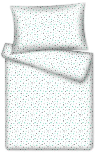 KiGATEX Kinderbettwäsche Stars 2-TLG. 100% Baumwolle 40x60 + 100x135 cm mit Reißverschluss (Ministars Mint)