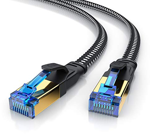CSL – Cable de red plano de 15 m CAT.8, 40 Gbits, revestimiento de algodón, cable LAN, cable de pares trenzados, RJ45, cable de red Cat 8, Gigabit RJ45, velocidad de 40000 Mbits, cable plano